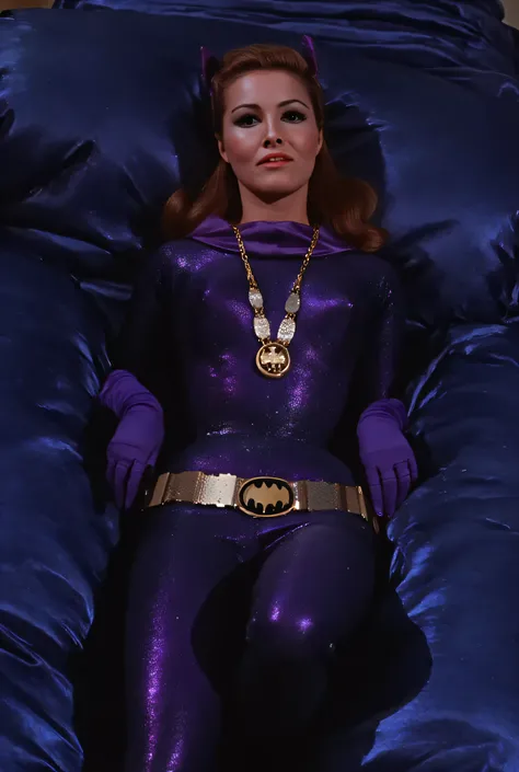 Lynda Carter as pornographic Wonder Woman, full body photo, ravished, orgasm sex , bikini costume, naked body, nudity, thin sexy stomach with perfect bellybutton, bare shimmering legs and feet spread apart, Lying down on the bed with dark blue satin sheet...