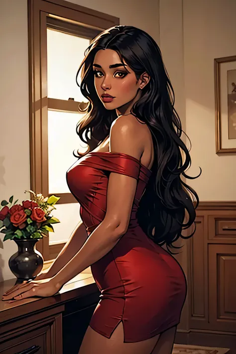 Beautiful woman with long wavy black hair, brown skin, brown eyes, in a short red dress , in a fancy modern home, ((Masterpiece:1.2, best quality)), ultra detailed