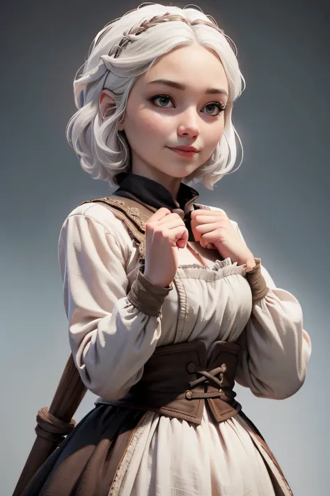 Peasant woman from " Game of Thrones", short white hair, brown eyes, Dynamic pose raised hands, Expression happiness, Iluminación natural, ultra resolution , plain white background , without patterns, No textures.