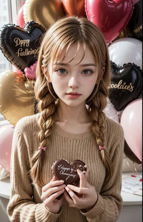  blonde braided hair　 long sleeve brown check dress　 Ribbon hair accessory　I'm holding Valentine's Day chocolate in front of my face　Illustration touch　Fluffy heart cushion　Heart balloon