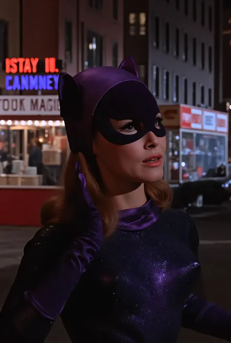 close up, portrait catwoman woman, background of  1960s \(style\) new york city street, nightime, shop signs, ads