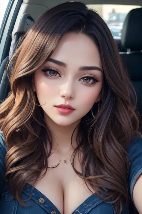 Amazing portrait of a woman who is 30 years old and an adult and a sexy woman with long wavy hair who is blushing hard wearing makeup inside a car wearing partially unbuttoned black shirt and black jeans with her mouth parted and her eyes looking at lips l...