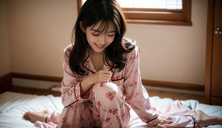 One shot from diagonally behind, Close-up, Young Japanese beauty, Sitting on a bed, Sitting cross-legged, Cute pajamas, Explosive laughter, Dreamy Bedroom, 