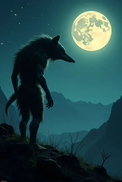 Under the eerie glow of the full moon, the Nahuala stands atop a rugged hill, gazing over the vast expanse of the Mexican wilderness. Its grotesque form, a haunting fusion of human and beast, is silhouetted against the star-dotted sky. Coarse, patchy fur b...