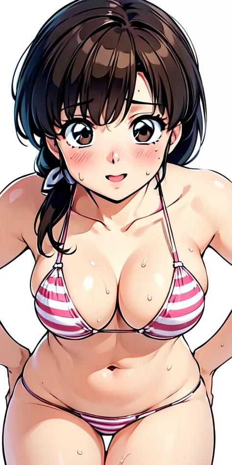 1 Female,High definition,high resolution,Ultra-realistic,8K,tendou_kasumi, striped bikini, pink bikini,European,sexy,Photographed from the front,Dynamic Angles,blush, (medium tits),(cleavage),cute face, facial, sweat, perfect face,  perfect body,(wide thig...