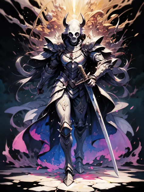 Alone,fullbody:0.8,（cow skull head man）,purple fire,metallic armor,long sword,Black magic ritual, best quality, top quality, best quality, like a painting, watercolor painting style, The Art of Mathematics, Official Art, Masterpiece, beautiful, ((watercolo...