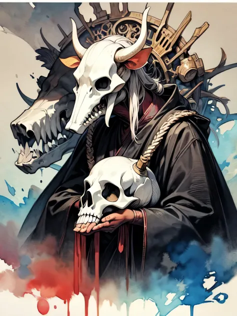 Alone,upperbody,（cow skull head man）,black robe clothe,Black magic ritual, best quality, top quality, best quality, like a painting, watercolor painting style, The Art of Mathematics, Official Art, Masterpiece, beautiful, ((watercolor)), paint splashes, co...