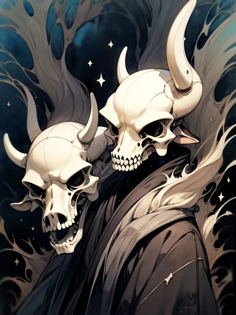 Alone,upperbody,（cow skull head man）,black robe clothe,Black magic ritual, best quality, top quality, best quality, like a painting, watercolor painting style, The Art of Mathematics, Official Art, Masterpiece, beautiful, ((watercolor)), paint splashes, co...