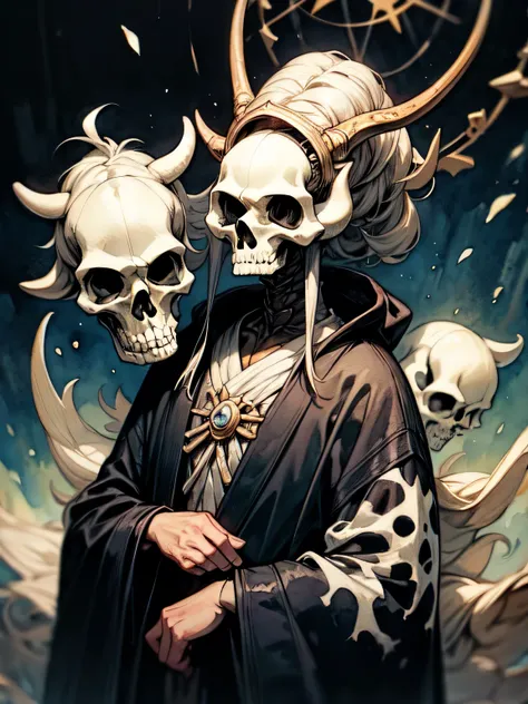 Alone,upperbody,cow skull head man,have a skull,black robe clothe,Black magic ritual, best quality, top quality, best quality, like a painting, watercolor painting style, The Art of Mathematics, Official Art, Masterpiece, beautiful, ((watercolor)), paint s...