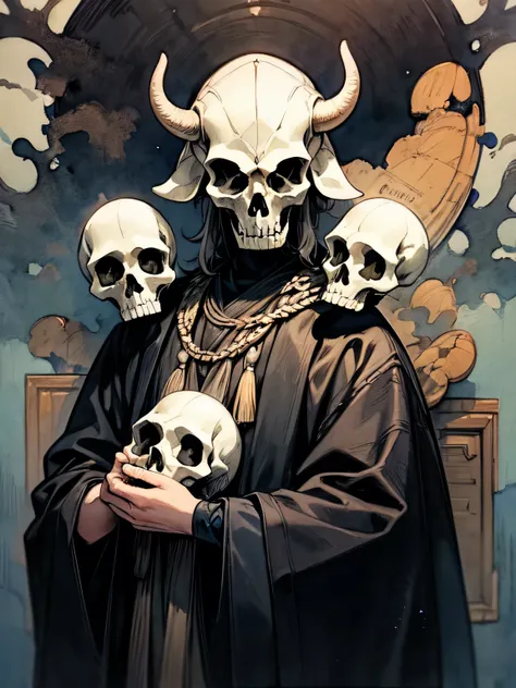 Alone,upperbody,cow skull head man,have a skull,black robe clothe,Black magic ritual, best quality, top quality, best quality, like a painting, watercolor painting style, The Art of Mathematics, Official Art, Masterpiece, beautiful, ((watercolor)), paint s...