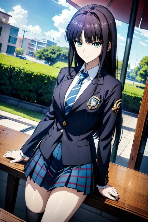 Smiling Face, blazer uniform,赤 purple hair, green eyes, eyes like jewels, super high resolution, ((( green eyes))),赤 purple hair, beautifulアニメ高校の女の子,(Masterpiece:1.2, 最 high quality ), ( is present, photo is present:1.4), beautifulイラスト, ( natural light ...