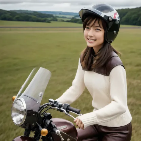 (A young female rider speeds along on a motorcycle)、Vintage Bikes、Bluff Superior SS100、Isle of Man Races、Leather jumper、Cromwell helmet with goggles、After the Rain、English countryside、(Highest quality, masterpiece, High resolution)、8k、wallpaper,masterpiece...