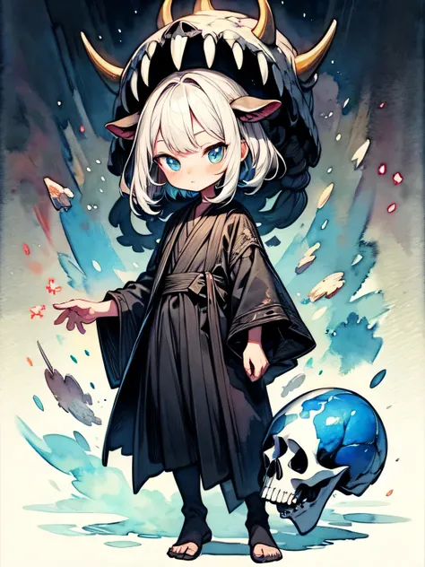 ( chibi),Alone,fullbody,cow skull head man,have a skull,black robe clothe,Black magic ritual, best quality, top quality, best quality, like a painting, watercolor painting style, The Art of Mathematics, Official Art, Masterpiece, beautiful, ((watercolor)),...