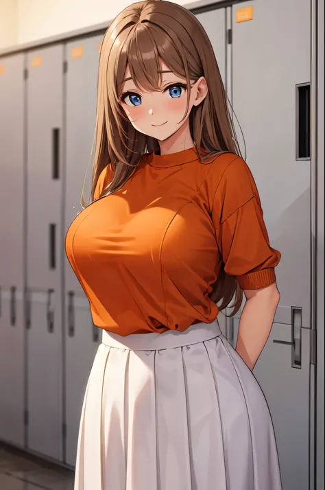 (High quality, High resolution, Fine details), Locker room, BREAK (orange sweater), BREAK white long skirt, Standing, solo, curvy adult women, light brown hair, sparkling eyes, (Detailed eyes:1.2), smile, blush, Sweat, Oily skin, Soft tones, shallow depth ...