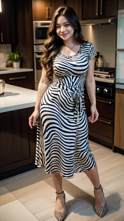 A pretty women, wavy hair, wearing casual printed zebra pattern tight dress with o-neck short-sleeve, high heels, in the night, night in the modern kitchen, full body, standing on the floor, armpit, dynamic lighting