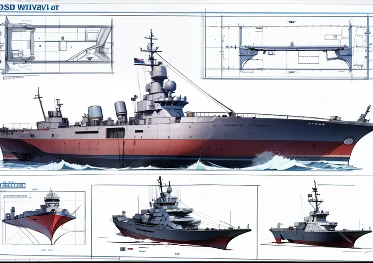 diesel war boat blueprint, three view, concept sketch blueprint,masterpiece, best quality  ,high resolution,British Navy 