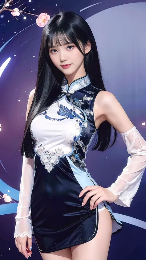     pretty woman,      black hair    ,   Long straight hair，elegant ，Smile,  Actual , Full HD,  bangs， ( white short cheongsam  ，blue patterned clothing，Lace， black hair ) ，ultra-short skirt， Lace，Curved Body， Curved Body ， gorgeous decoration ，