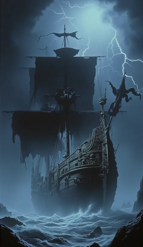 a ghostly pirate old ship, with a black skull flag