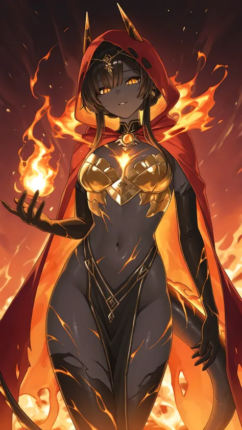 A perfect fusion of human and serpent form, her obsidian-black skin glows with fiery cracks, revealing molten veins beneath. Her golden, molten eyes burn with an intense, hypnotic stare, her slit pupils pulsing like flowing magma. A long, scaled tail, infu...