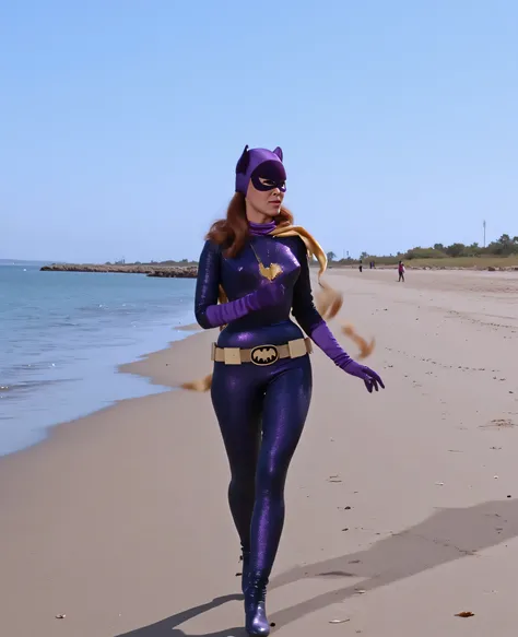 Front view. Full tall slim body. Ultrarealistic, ((high resolution)), (( running along a beach escaping of two muscle guys)) with shocked expresssion , hairstyle ponytail. Very young Lynda Carter, saggy tear-drop breasts, very small waist, tall hourglass b...