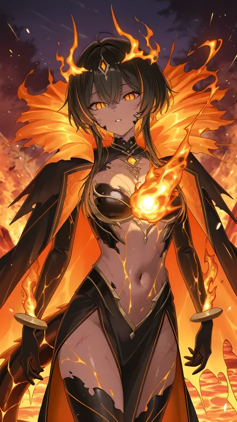 (Lava Serpent Girl), A perfect fusion of human and serpent form, her obsidian-black skin glows with fiery cracks, revealing molten veins beneath. Her golden, molten eyes burn with an intense, hypnotic stare, her slit pupils pulsing like flowing magma. A lo...