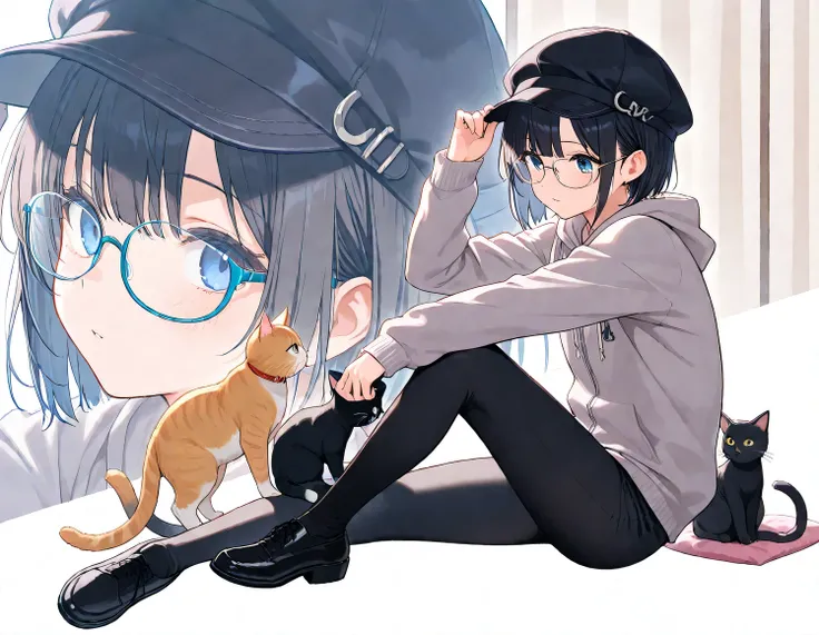 (masterpiece), (best quality), (ultra-detailed),
1girl, glasses, short hair, cap, full body, cat,