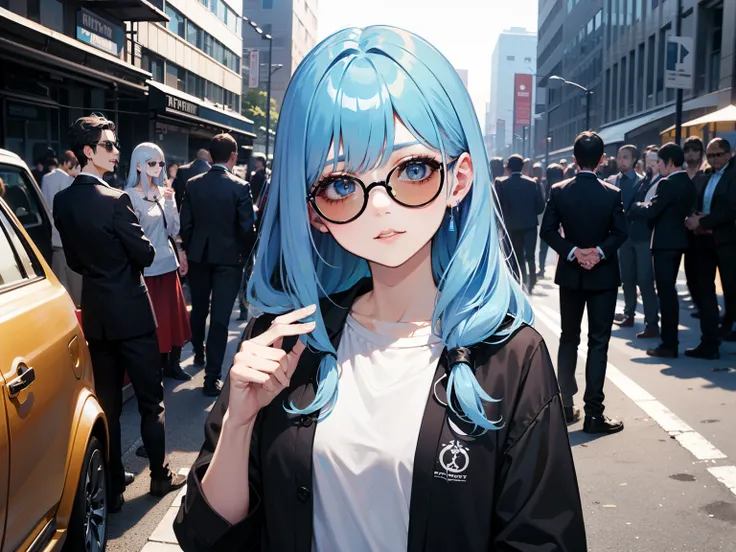  light blue hair、 Long Wavy Hair 、 sunglasses with bangs、 holding an assault rifle in front of the body、gang、Women、Stand in front of a sports car、Black clothes、1 person