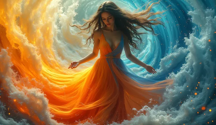 The image features a woman in a flowing dress that blends vibrant colors, evoking a sense of elegance and grace. Her hair appears to swirl around her, harmonizing with the dynamic backdrop of swirling patterns resembling waves and clouds. The colors in the...