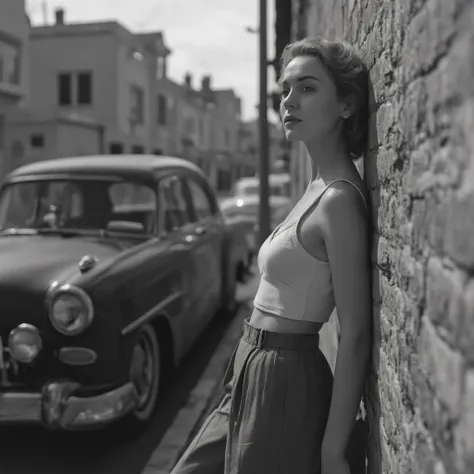  Cinematic black-and-white photography of a striking model in a 1950s-inspired outfit, featuring a sleeveless fitted top made of soft cotton or knit fabric, paired with high-waisted, wide-leg pants that highlight the classic elegance of the era. The model ...