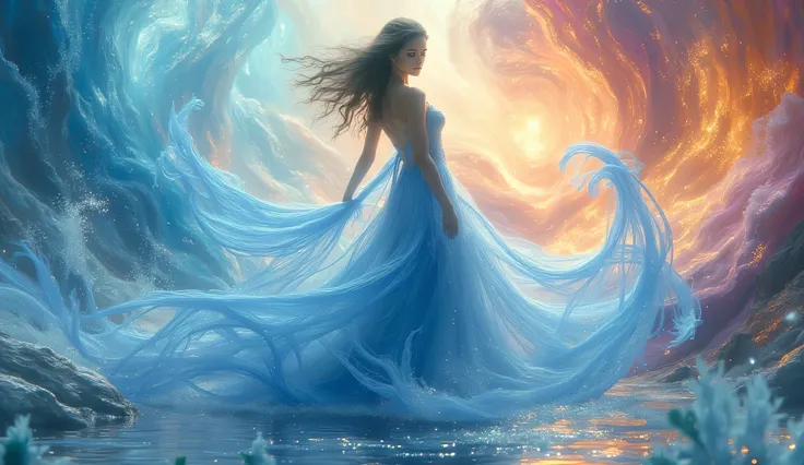 The image features a stunning scene where a figure in a flowing, elegant dress stands gracefully amidst a backdrop of swirling colors and abstract forms. The dress, with shades of blue and hints of other colors, appears to be inspired by water, enhancing t...