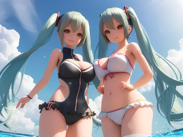 cute anime women, 3d rendered graphics, swimwear poses, popular characters (kizuna, rin, miku, lumi), wide hips, viewed from above, focus on face and body, large breasts, intricate clothing, detailed textures, high resolution faces