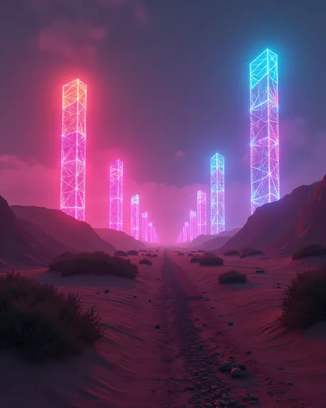 Neon Desert — A barren land illuminated by neon signs and energetic towers that shine on the horizon.