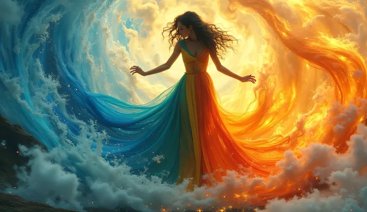 The image features a woman in a flowing dress that blends vibrant colors, evoking a sense of elegance and grace. Her hair appears to swirl around her, harmonizing with the dynamic backdrop of swirling patterns resembling waves and clouds. The colors in the...