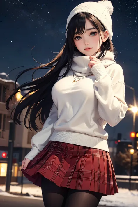 (There's a young girl,big breasts,Charming, wearing a form-fitting white sweater and red checked skirt.She's wearing black tights under her skirt ,She's wearing a knitted scarf, Knitted hat.She has beautiful long black hair , Beautiful Hazel Eyes).(The bac...