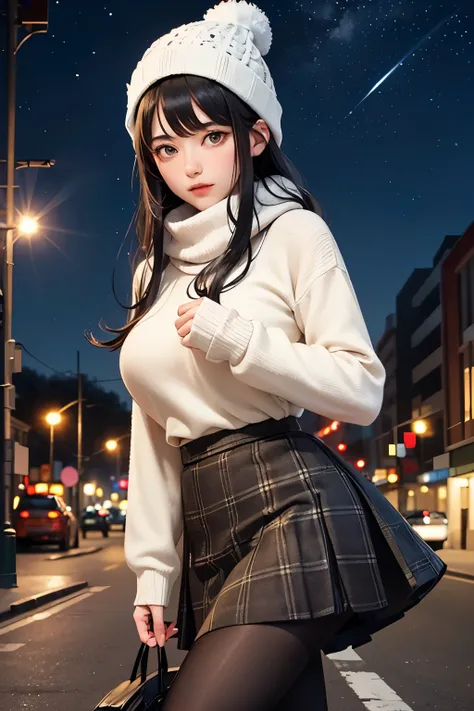 (There's a young girl,big breasts,Charming, wearing a form-fitting white sweater and red checked skirt.She's wearing black tights under her skirt ,She's wearing a knitted scarf, Knitted hat.She has beautiful long black hair , Beautiful Hazel Eyes).(The bac...