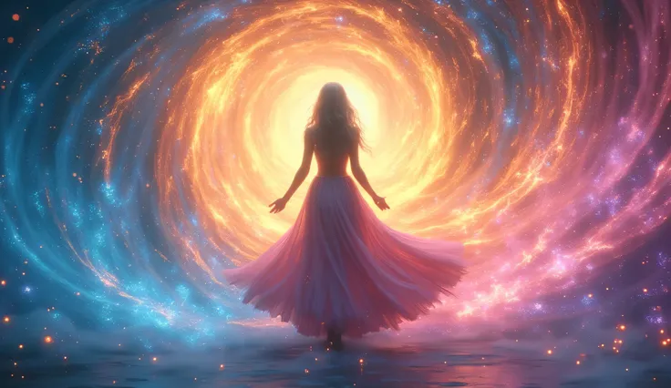 This image depicts a stunning, ethereal scene featuring a woman standing gracefully amidst a vibrant swirl of colors. She is dressed in a flowing gown that transitions through a spectrum of hues, evoking a sense of movement and fluidity. The background bur...