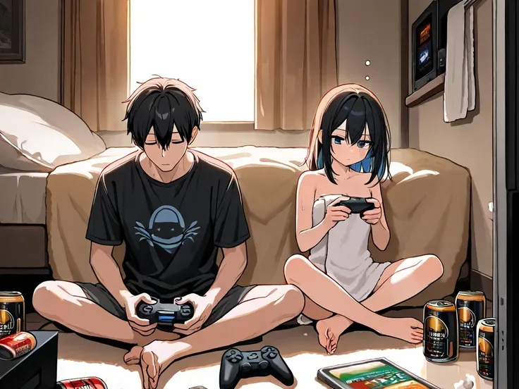 masterpiece, best quality,After bath,A young woman who just wrapped a bath towel,clavicle, sits cross-legged, game controller ,A video game is being played against a man wearing a t-shirt,Canned beer,Tobacco,Depressed, full color