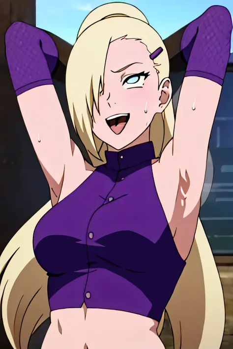 (serving viewer), Ino yamanaka, looking at the viewer, attractive, from below, ultra detailed face, sunny day, day time, upper body view, anime style, solo, detailed home, blonde, (purple clothes), ((one eye covered with hair, hair over eye)), medium breas...