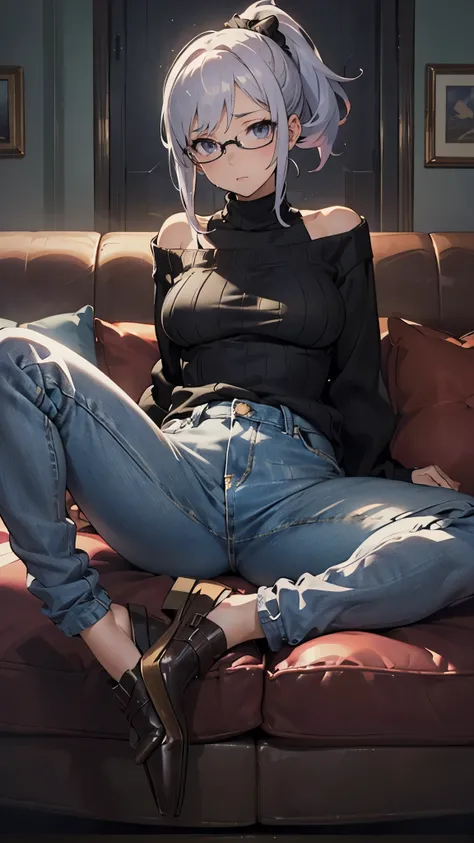 anime - style illustration of a woman in a off shoulder (ultra tiny sweater:1.5), ultra fit skinny jeans, anime character, official character art, full body, female anime girl, (black ponytail:1.5), (tanned:1.0), glasses, large breasts, in the private room...