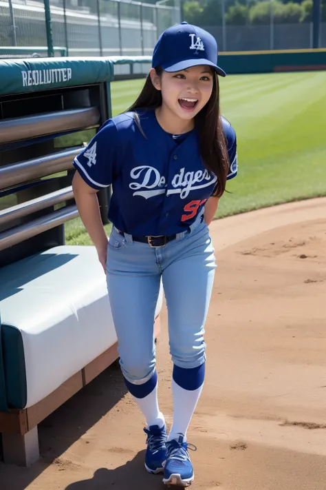    top quality,  Masterpiece,    super high resolution, (reality: 1.4),       original photo   ,     woman 1 person ,    excited expression,    long hair,     the Dodgers uniform on the right ,  half of my jeans and socks   ,   Sports Boots  ,    I'm weari...