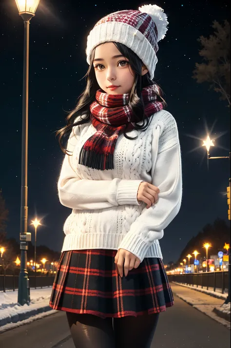 (There's a young girl,big breasts,Charming, wearing a form-fitting white sweater and red checked skirt,She's wearing black tights under her skirt ,She's wearing a knitted scarf,Knitted hat,She has beautiful long black hair,Beautiful Hazel Eyes),(The backgr...