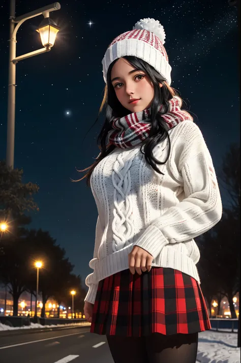 (There's a young girl,big breasts,Charming, wearing a form-fitting white sweater and red checked skirt,She's wearing black tights under her skirt ,She's wearing a knitted scarf,Knitted hat,She has beautiful long black hair,Beautiful Hazel Eyes),(The backgr...