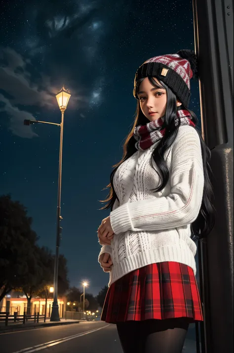 (There's a young girl,big breasts,Charming, wearing a form-fitting white sweater and red checked skirt,She's wearing black tights under her skirt ,She's wearing a knitted scarf,Knitted hat,She has beautiful long black hair,Beautiful Hazel Eyes),(The backgr...