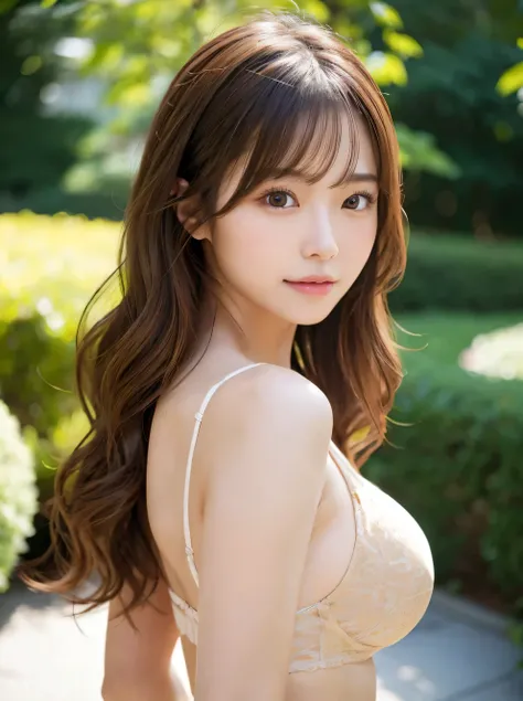  is present:1.2,masterpiece, best quality，8k,((Japanese woman alone)),Age 20, thin waist,thong , perfect anatomy, Hair,  wavy hair standing in front of the garden, random hairstyle, Big beautiful breasts ,(( detailed face and eyes ))( cute face:1.4)，Beauti...