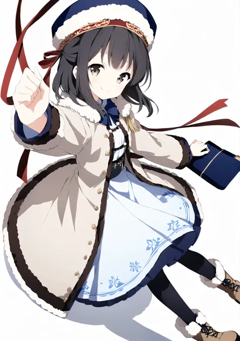 whole body、Wide angle、mid、 small breasts、 black hair 、Pretty brown eyes 、 one girl、 background is white、 Navy Blue Long Skirt 、coat with fur、Red ribbon、smile、 black tights、 Mouton Boots 、Drawing to the toes、Russian hat 