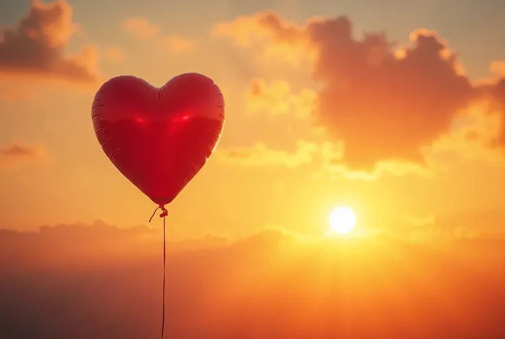 A single, bright red heart-shaped balloon floating gently in the sky during a stunning sunset. The balloon is the focal point, with the warm glow of the sunset creating a dreamy, romantic atmosphere. The image symbolizes love, freedom, and hope, making it ...