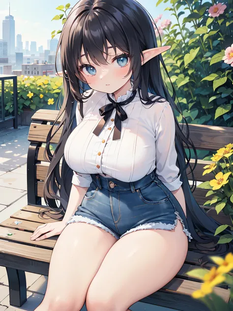 detailed image, beautiful image, 1 elf, black hair, long hair, turquoise eyes, has large breasts, short waist, wide hips, thick thighs, wearing a baggy designer blouse, denim mini shorts, sitting on a bench, cityscape, around many flowers, ambient light, a...