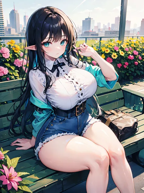 detailed image, beautiful image, 1 elf, black hair, long hair, turquoise eyes, has large breasts, short waist, wide hips, thick thighs, wearing a baggy designer blouse, denim mini shorts, sitting on a bench, cityscape, around many flowers, ambient light, a...