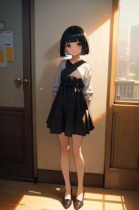 Girl wearing a one-piece dress　 bob cut　 girl　Full body kindergarten  standing facing the front