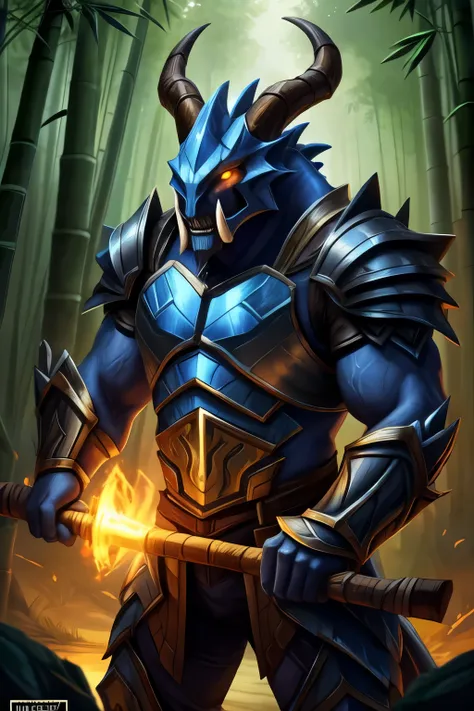 HEZI, Hearthstone, armor, glowing, 1boy, solo, male focus, glowing eyes, horns, weapon, nature, teeth, forest, monster, yellow eyes, spikes, helmet, tusks, outdoors, holding, colored skin, tree, looking at viewer, gauntlets, no humans, sharp teeth, blue sk...